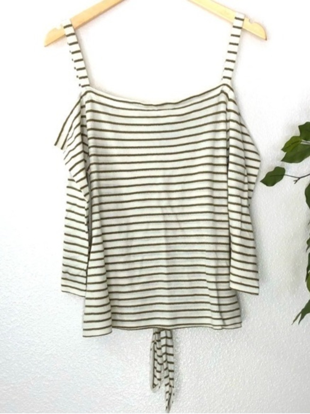 Lucky Brand Striped Olive and White Cold-Shoulder Tie-Back Camisole